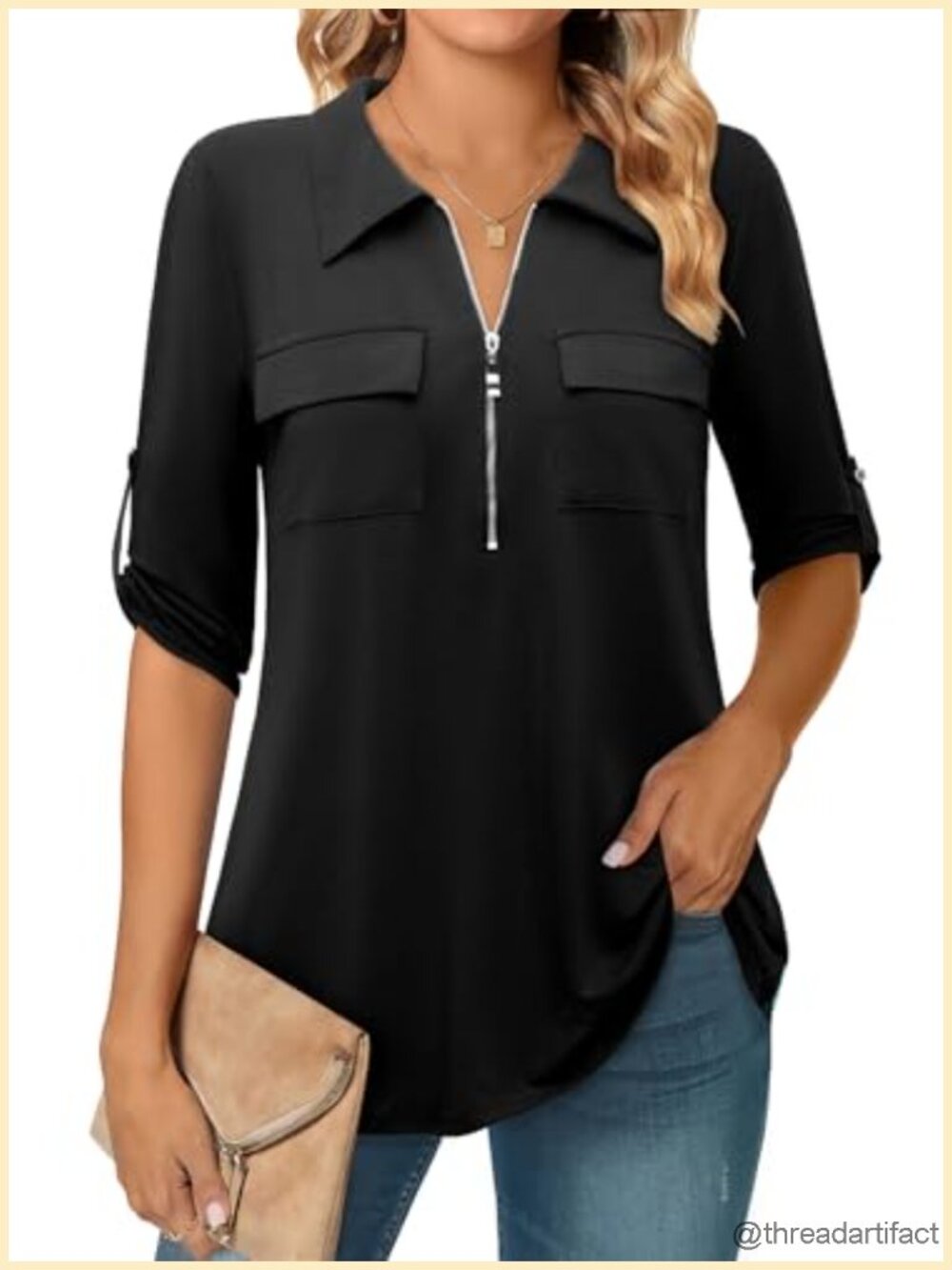 3/4 Sleeve Collared Blouses Business Casual Zip Front V Neck Tunic Tops Loose
